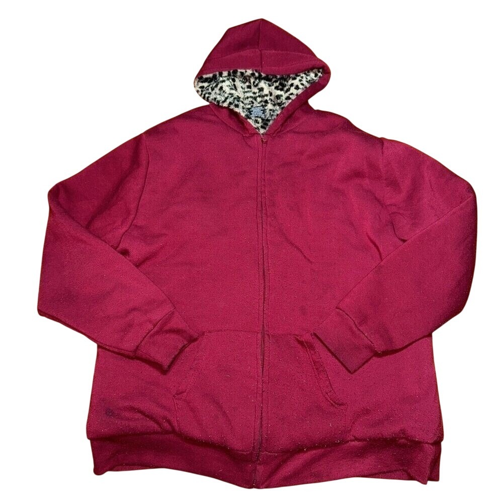 Hype Burgundy Cheetah Print Faux Fur Full Zip Hoodie‎ Womens Size 3XL Plus